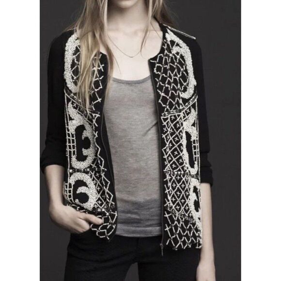 zara 7521/708/800 Black White Beaded Long Sleeve Bomber Jacket Small - Picture 1 of 10